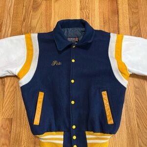 Vintage 1970s Navy & Yellow Varsity Jacket With Leather Sleeves